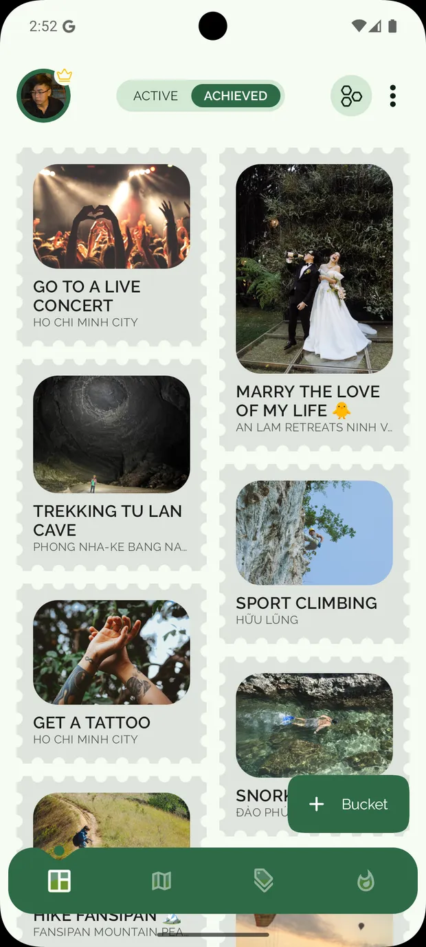 Achieved dreams shown as a grid of stamps